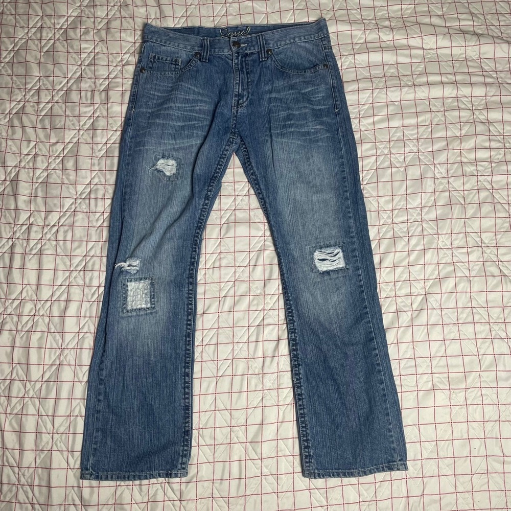 Royal Premium Men's Distressed Blue‎ Denim Jeans Bootcut Patch Ripped Size 34x32